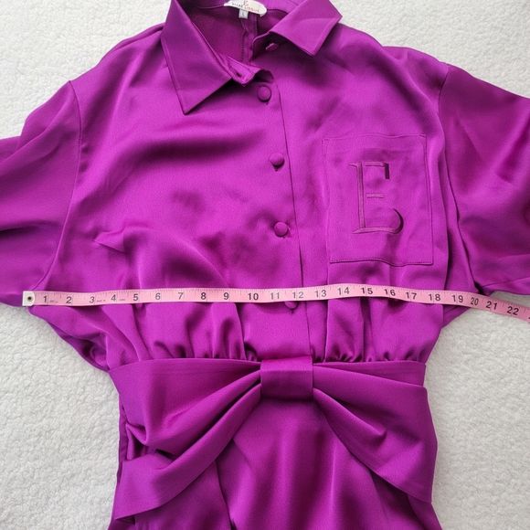 Ellae Lisque Purple Satin Long Sleeve Side Slits Bow Front Dress Women's size L. - Picture 8 of 13